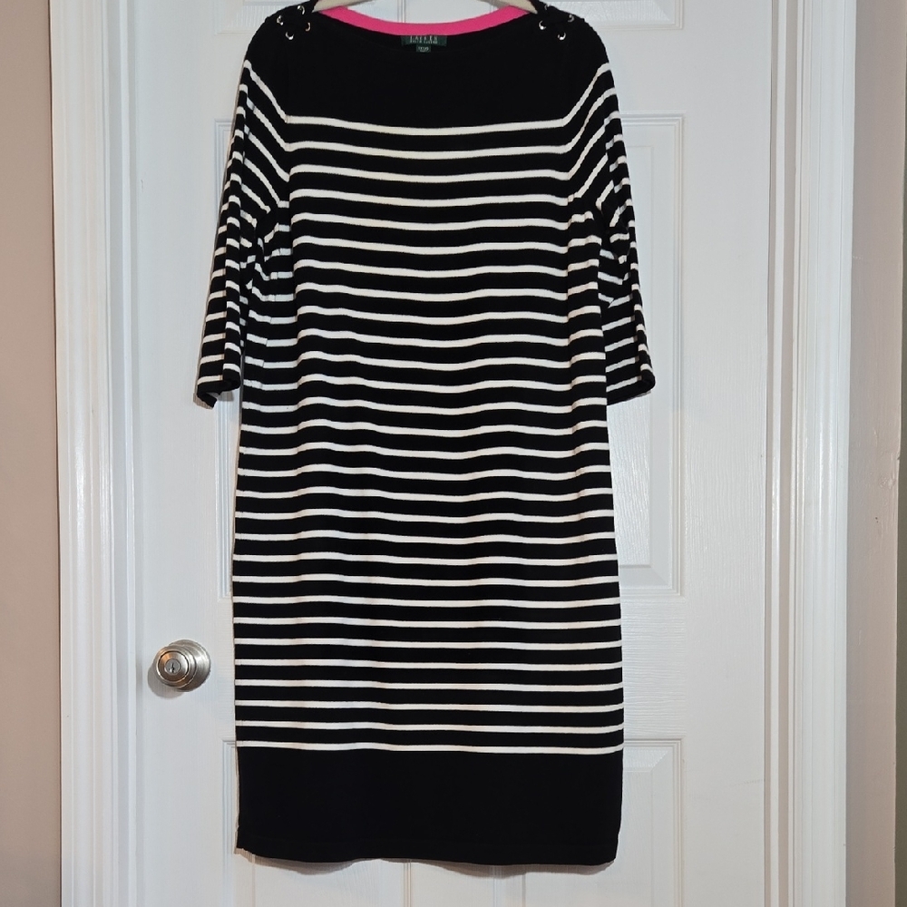 Lauren Ralph Lauren Black White Striped Knit Sweater Dress Size 1X